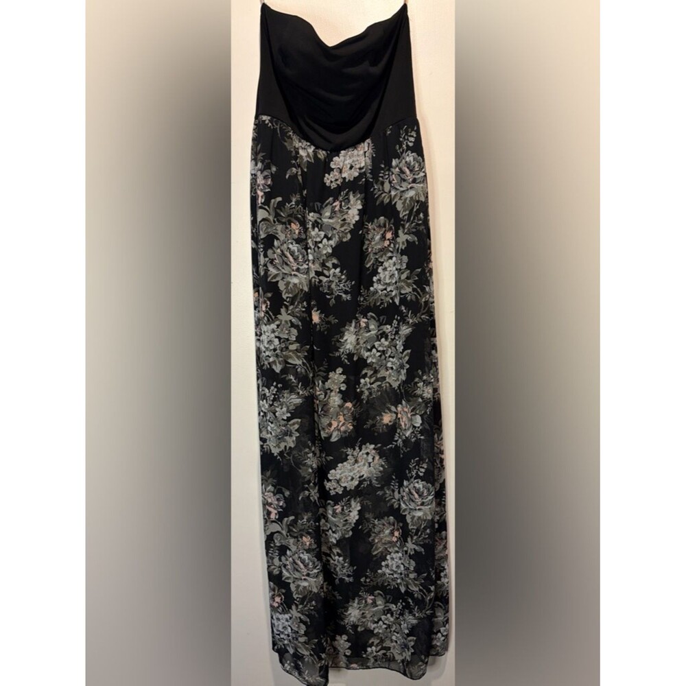 Contempo Casuals Strapless Tube Top Maxi Dress Black Floral Sheer Layer Size M